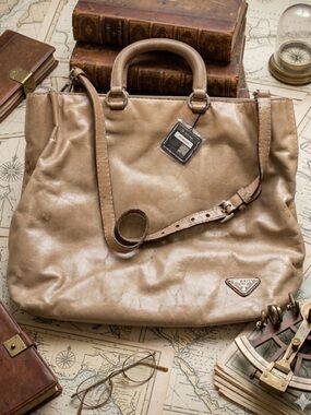 Prada Bucket Bag Taupe Leather Tote with Strap and Top Handles 💯 authentic!